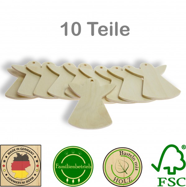 10 Stück Streudeko Engel mit Bohrung, Holz Natur