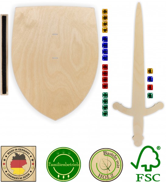Ritterschild und Ritterschwert als Set aus 3mm Birkensperrholz mit Glitzersteinen und Halteschlaufe
