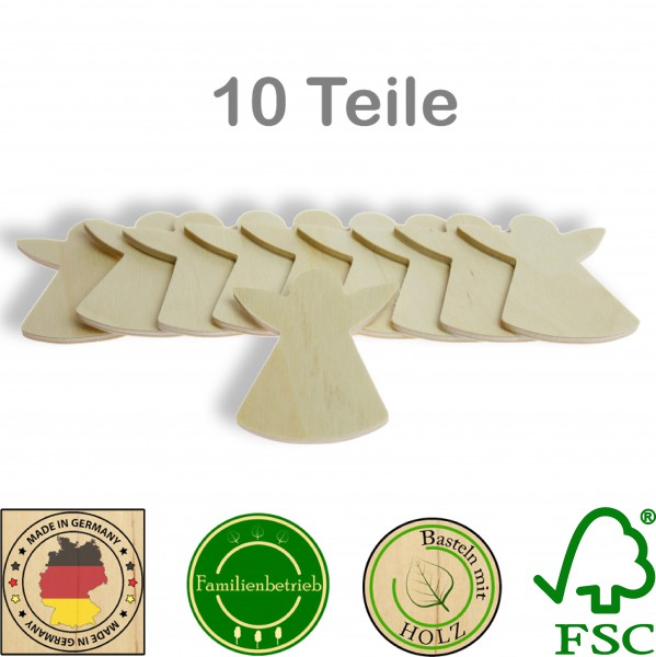 10 Stück Streudeko Engel ohne Bohrung, Holz Natur