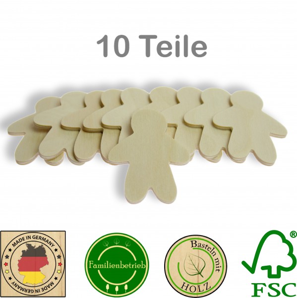 10 Stück Streudeko Lebkuchenmann ohne Bohrung, Holz Natur