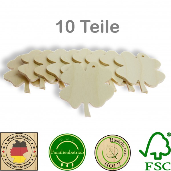 10 Stück Streudeko Kleeblatt mit Bohrung, Holz Natur