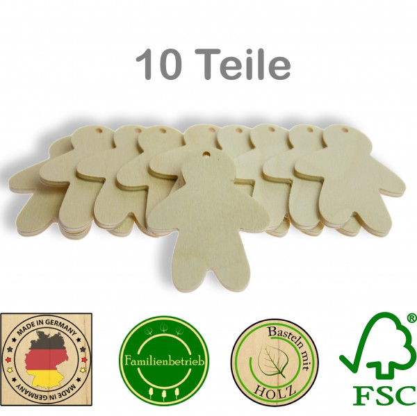 10 Stück Streudeko Lebkuchenmann mit Bohrung, Holz Natur